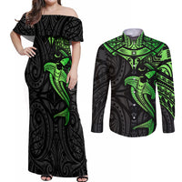 Polynesian Couples Matching Off Shoulder Maxi Dress and Long Sleeve Button Shirts Hammerhead Shark Tribal Pattern Black Green Version - Wonder Print Shop