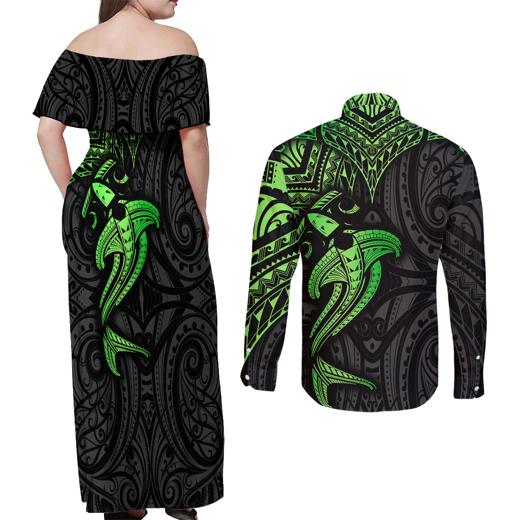 Polynesian Couples Matching Off Shoulder Maxi Dress and Long Sleeve Button Shirts Hammerhead Shark Tribal Pattern Black Green Version - Wonder Print Shop