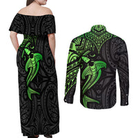 Polynesian Couples Matching Off Shoulder Maxi Dress and Long Sleeve Button Shirts Hammerhead Shark Tribal Pattern Black Green Version - Wonder Print Shop