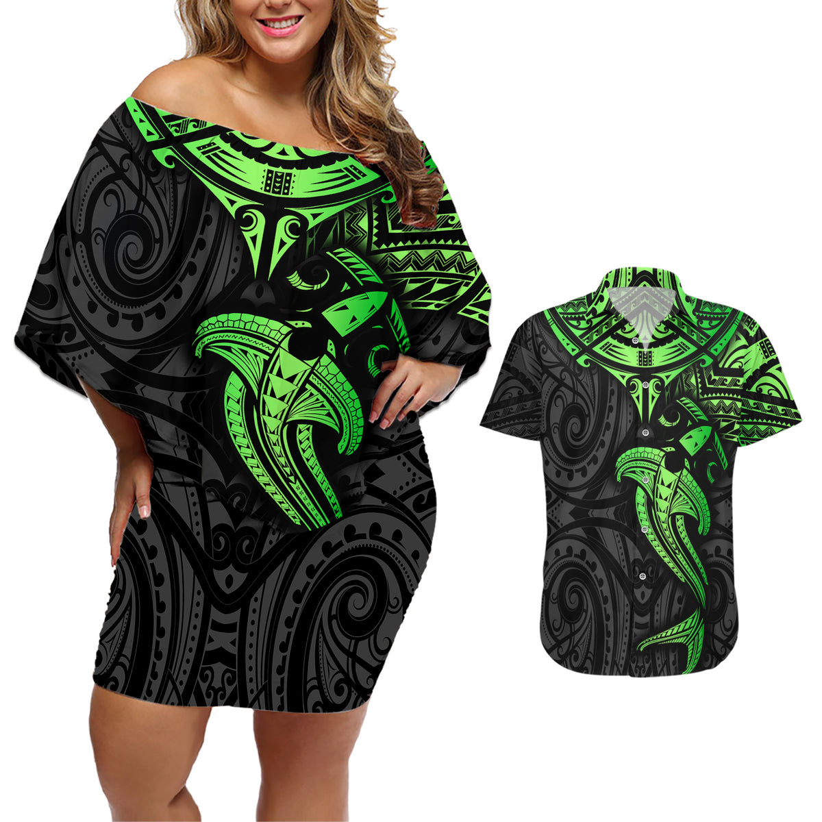 Polynesian Couples Matching Off Shoulder Short Dress and Hawaiian Shirt Hammerhead Shark Tribal Pattern Black Green Version - Wonder Print Shop