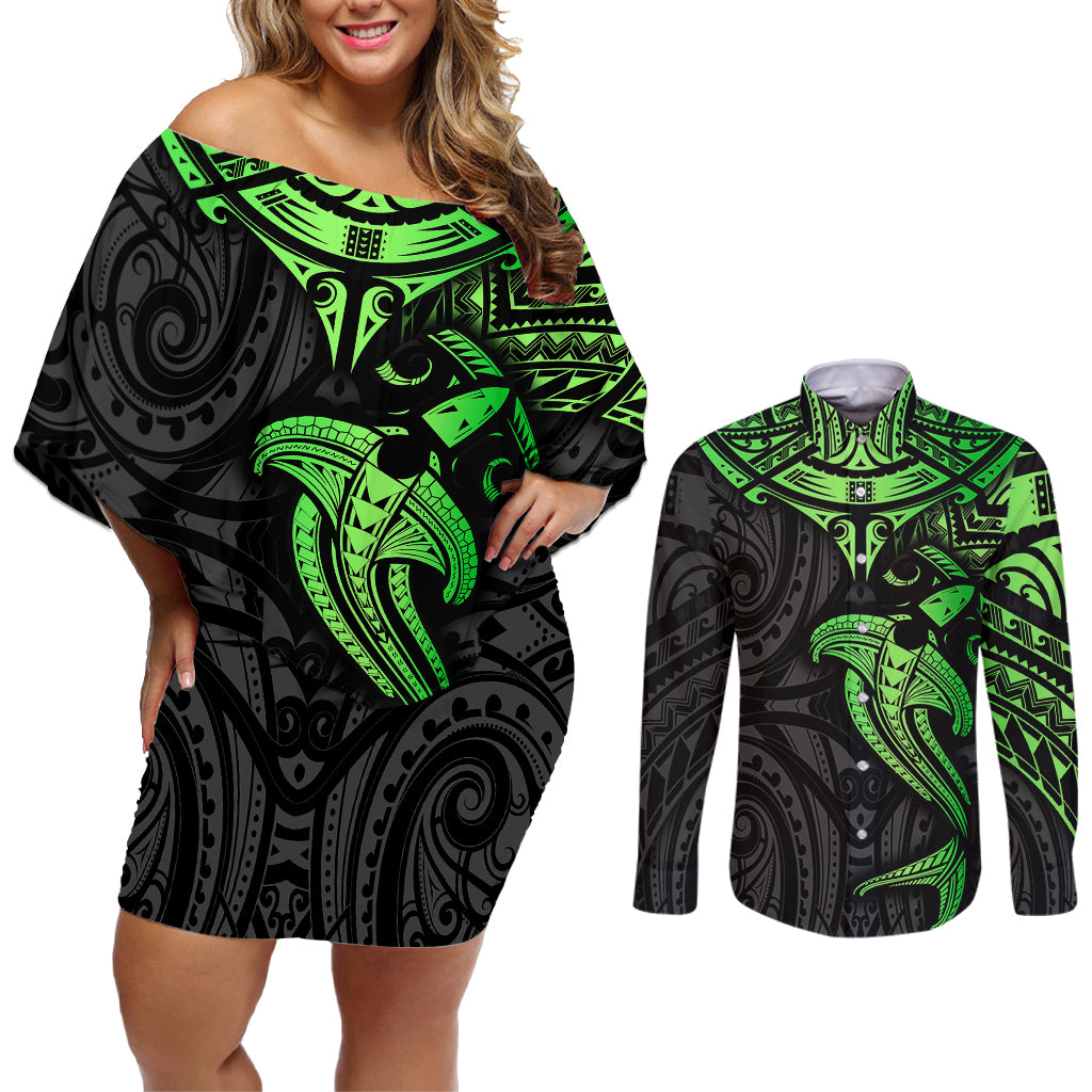 Polynesian Couples Matching Off Shoulder Short Dress and Long Sleeve Button Shirts Hammerhead Shark Tribal Pattern Black Green Version - Wonder Print Shop