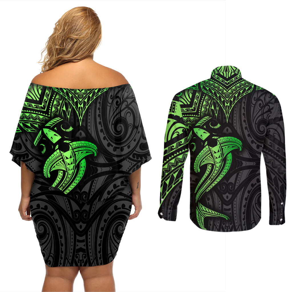 Polynesian Couples Matching Off Shoulder Short Dress and Long Sleeve Button Shirts Hammerhead Shark Tribal Pattern Black Green Version - Wonder Print Shop