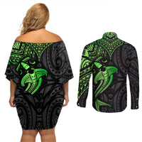 Polynesian Couples Matching Off Shoulder Short Dress and Long Sleeve Button Shirts Hammerhead Shark Tribal Pattern Black Green Version - Wonder Print Shop