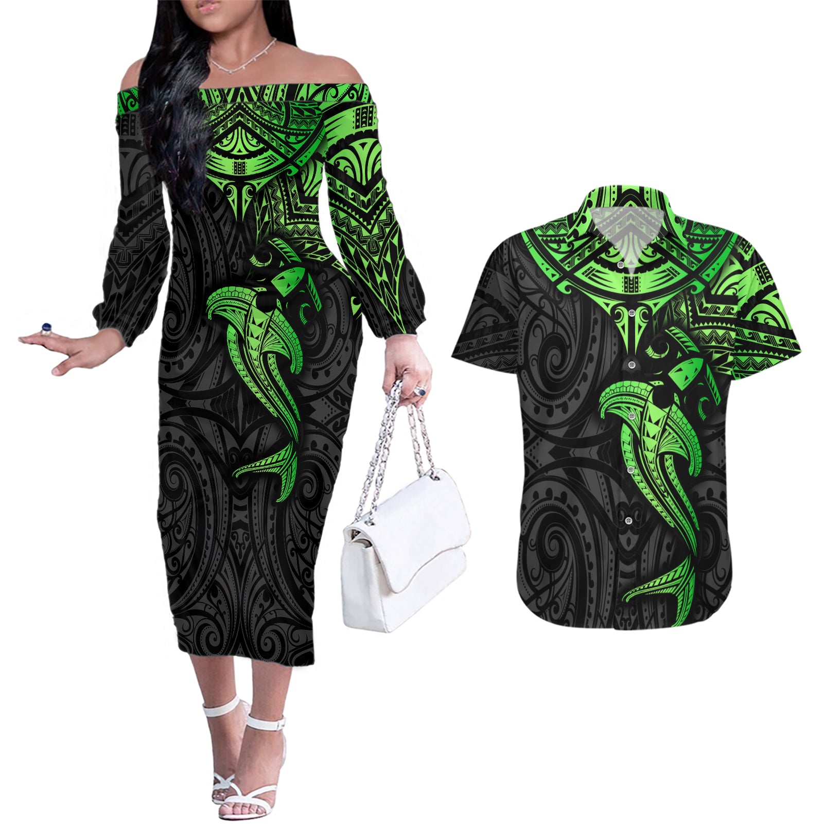 Polynesian Couples Matching Off The Shoulder Long Sleeve Dress and Hawaiian Shirt Hammerhead Shark Tribal Pattern Black Green Version - Wonder Print Shop