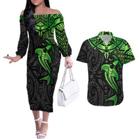 Polynesian Couples Matching Off The Shoulder Long Sleeve Dress and Hawaiian Shirt Hammerhead Shark Tribal Pattern Black Green Version - Wonder Print Shop