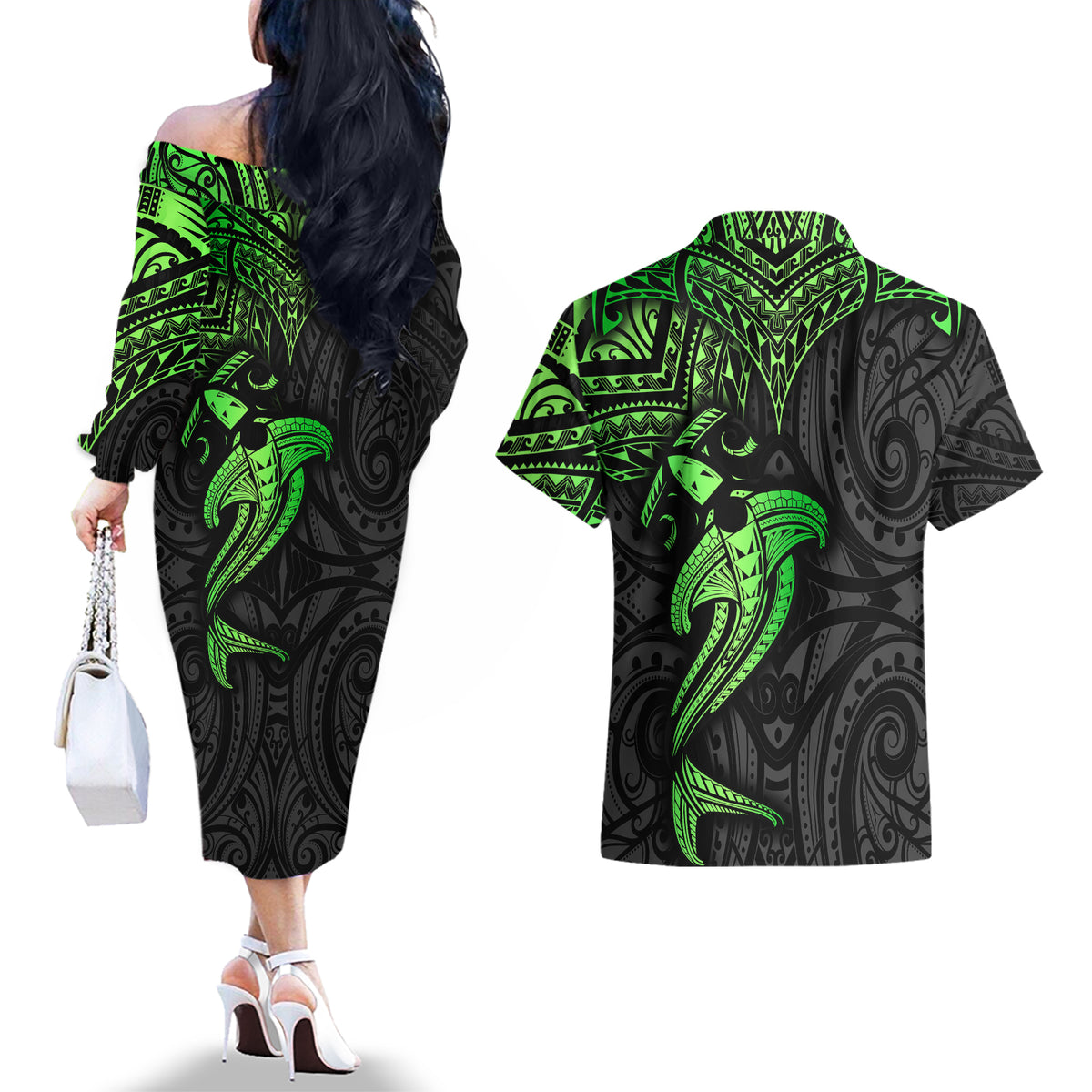 Polynesian Couples Matching Off The Shoulder Long Sleeve Dress and Hawaiian Shirt Hammerhead Shark Tribal Pattern Black Green Version - Wonder Print Shop