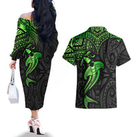 Polynesian Couples Matching Off The Shoulder Long Sleeve Dress and Hawaiian Shirt Hammerhead Shark Tribal Pattern Black Green Version - Wonder Print Shop