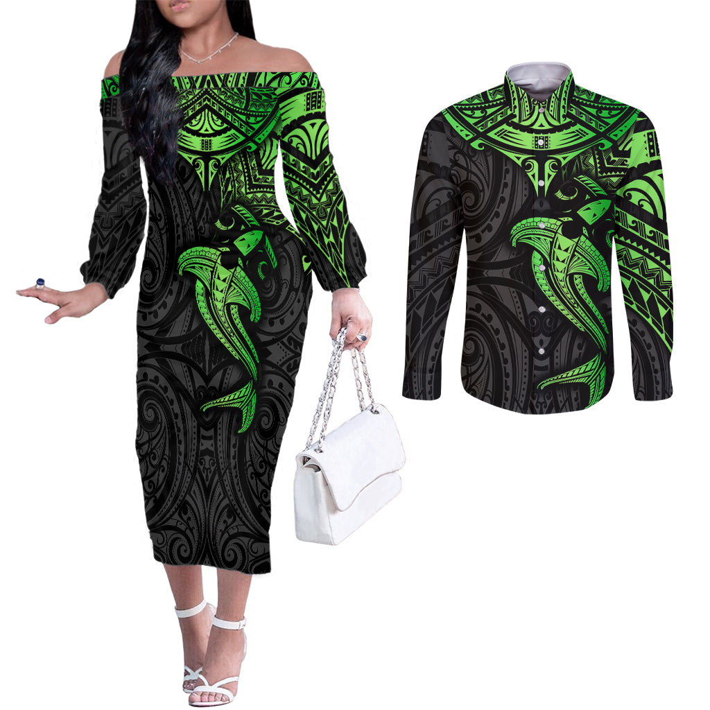 polynesian-couples-matching-off-the-shoulder-long-sleeve-dress-and-long-sleeve-button-shirts-hammerhead-shark-tribal-pattern-black-green-version