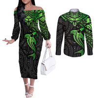 polynesian-couples-matching-off-the-shoulder-long-sleeve-dress-and-long-sleeve-button-shirts-hammerhead-shark-tribal-pattern-black-green-version