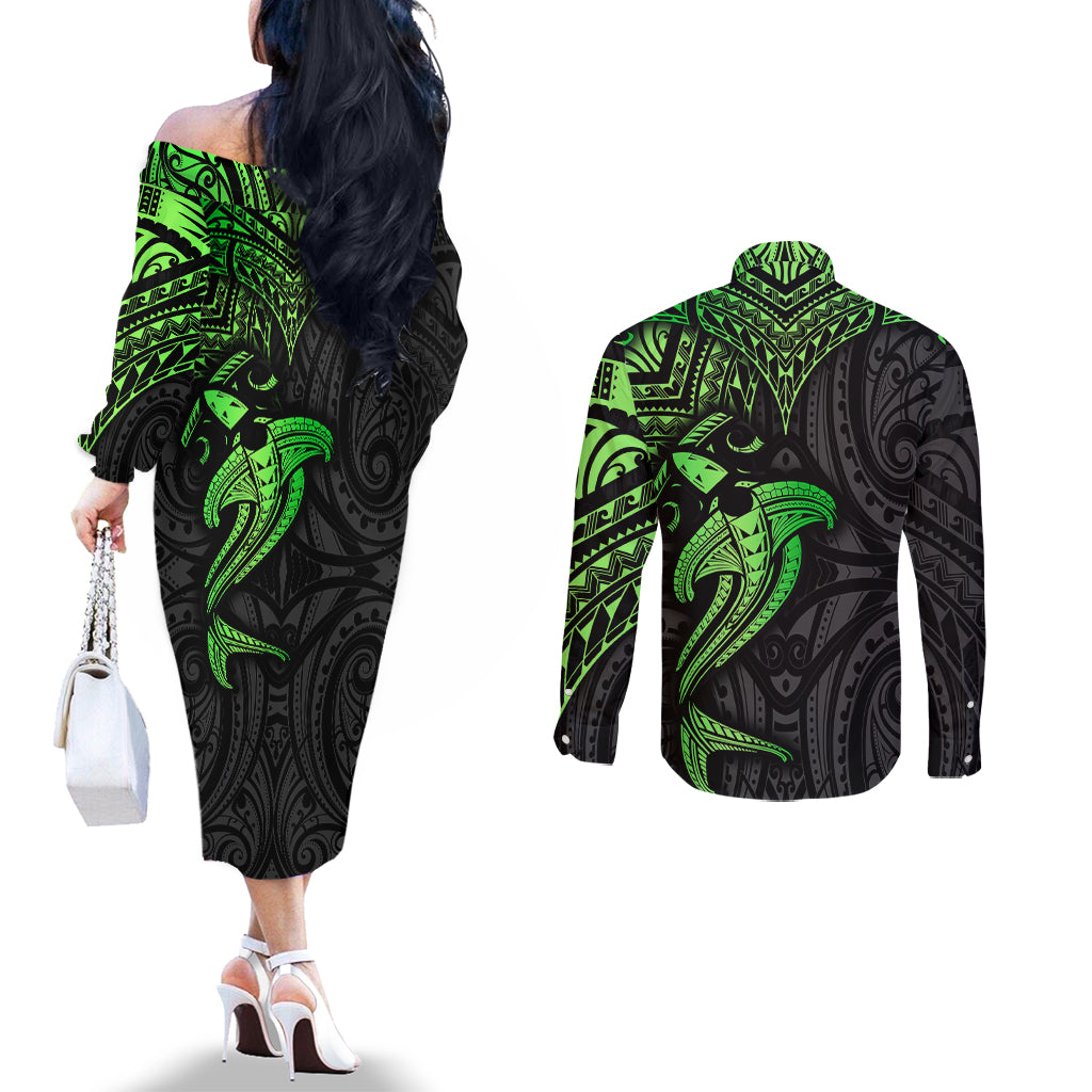 polynesian-couples-matching-off-the-shoulder-long-sleeve-dress-and-long-sleeve-button-shirts-hammerhead-shark-tribal-pattern-black-green-version