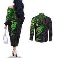 polynesian-couples-matching-off-the-shoulder-long-sleeve-dress-and-long-sleeve-button-shirts-hammerhead-shark-tribal-pattern-black-green-version