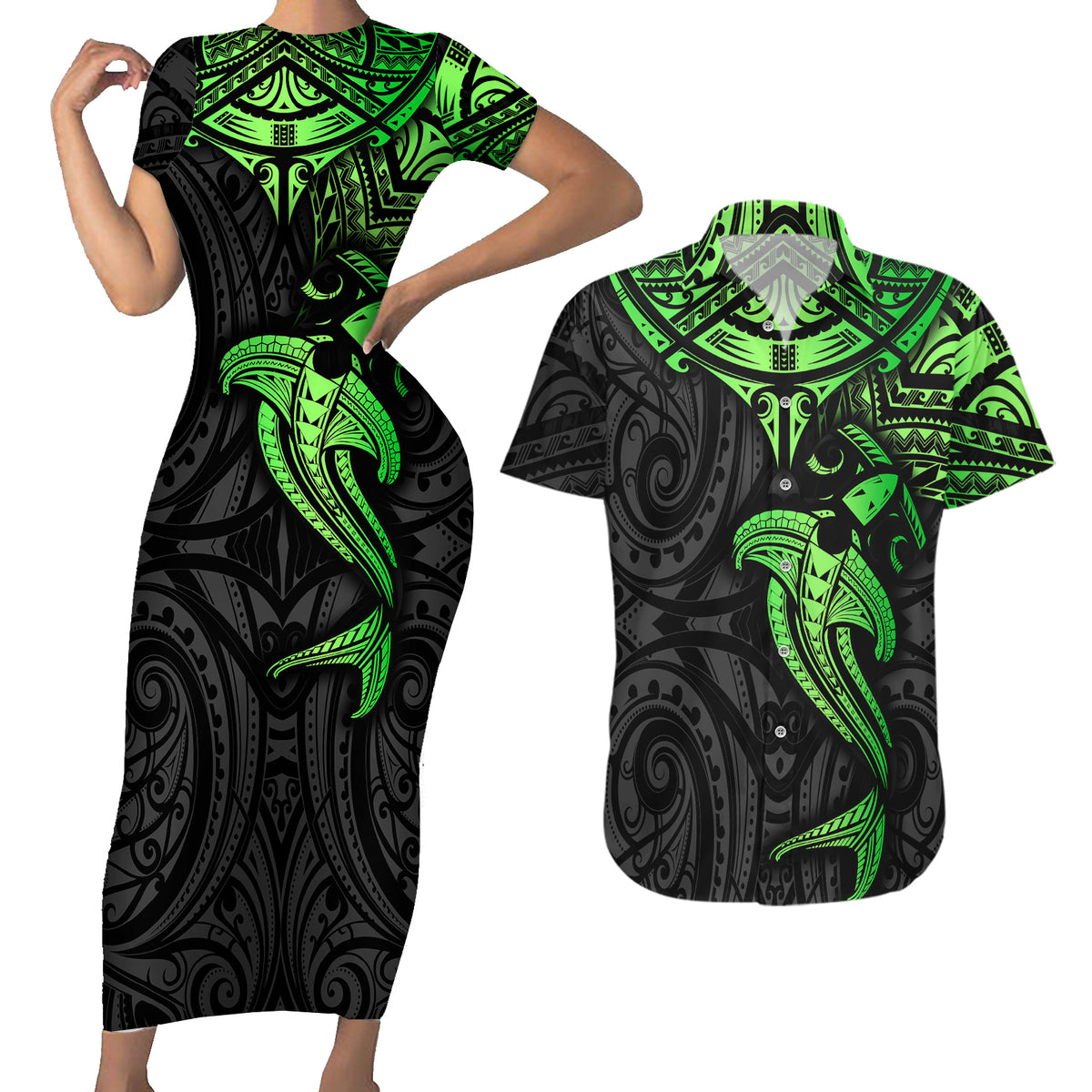 Polynesian Couples Matching Short Sleeve Bodycon Dress and Hawaiian Shirt Hammerhead Shark Tribal Pattern Black Green Version - Wonder Print Shop