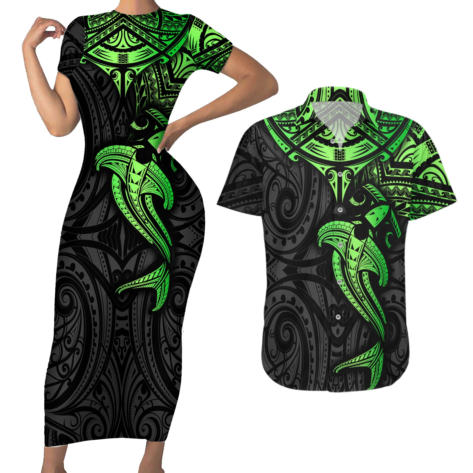 Polynesian Couples Matching Short Sleeve Bodycon Dress and Hawaiian Shirt Hammerhead Shark Tribal Pattern Black Green Version - Wonder Print Shop