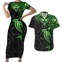 Polynesian Couples Matching Short Sleeve Bodycon Dress and Hawaiian Shirt Hammerhead Shark Tribal Pattern Black Green Version - Wonder Print Shop