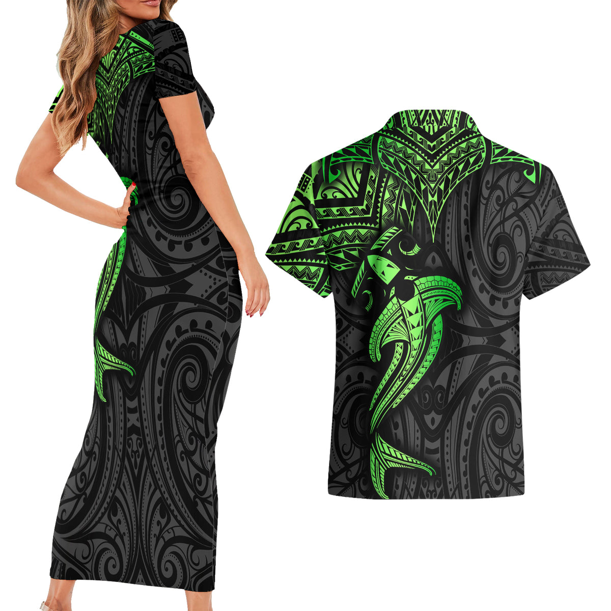 Polynesian Couples Matching Short Sleeve Bodycon Dress and Hawaiian Shirt Hammerhead Shark Tribal Pattern Black Green Version - Wonder Print Shop