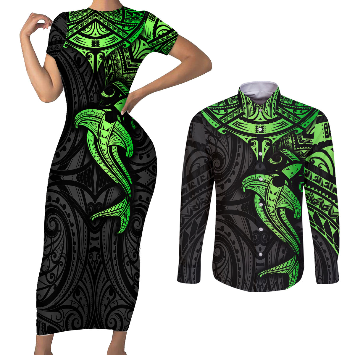 Polynesian Couples Matching Short Sleeve Bodycon Dress and Long Sleeve Button Shirts Hammerhead Shark Tribal Pattern Black Green Version - Wonder Print Shop