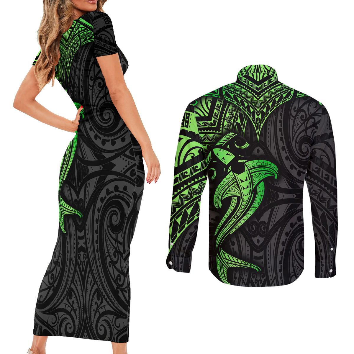 Polynesian Couples Matching Short Sleeve Bodycon Dress and Long Sleeve Button Shirts Hammerhead Shark Tribal Pattern Black Green Version - Wonder Print Shop