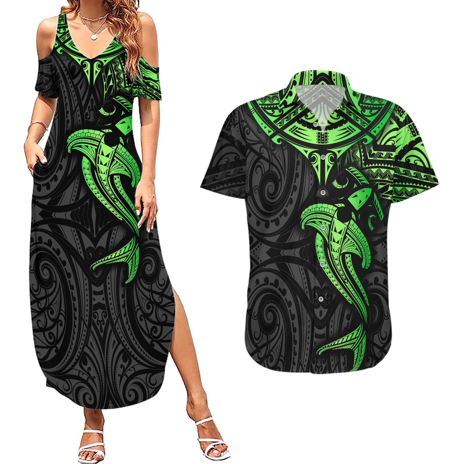 Polynesian Couples Matching Summer Maxi Dress and Hawaiian Shirt Hammerhead Shark Tribal Pattern Black Green Version - Wonder Print Shop