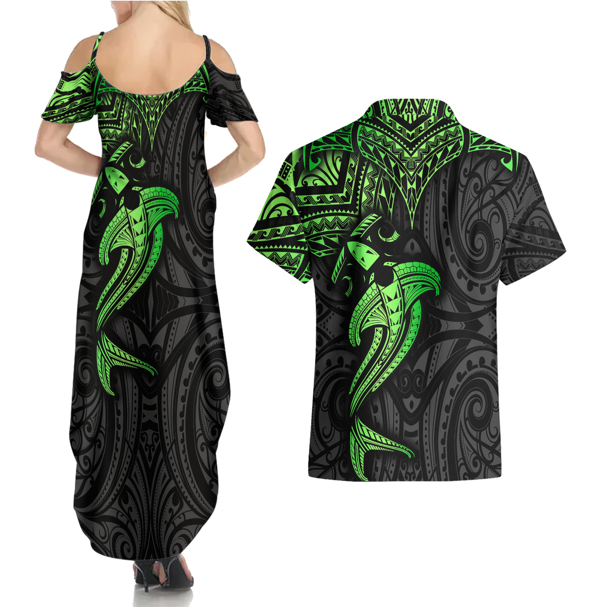 Polynesian Couples Matching Summer Maxi Dress and Hawaiian Shirt Hammerhead Shark Tribal Pattern Black Green Version - Wonder Print Shop