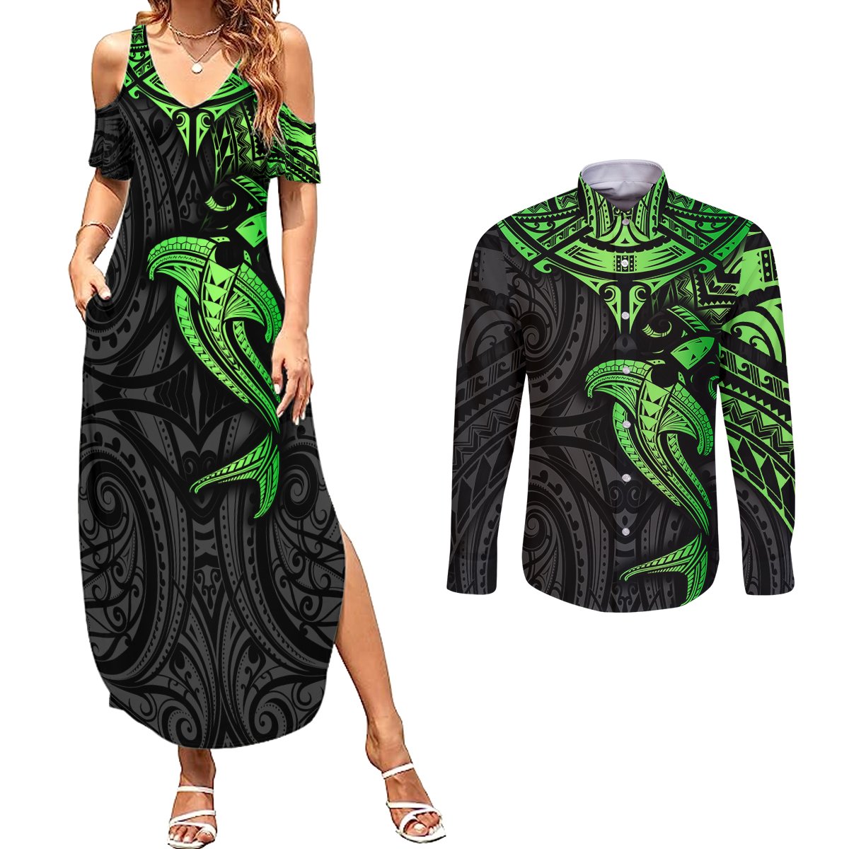 Polynesian Couples Matching Summer Maxi Dress and Long Sleeve Button Shirts Hammerhead Shark Tribal Pattern Black Green Version - Wonder Print Shop