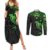 Polynesian Couples Matching Summer Maxi Dress and Long Sleeve Button Shirts Hammerhead Shark Tribal Pattern Black Green Version - Wonder Print Shop