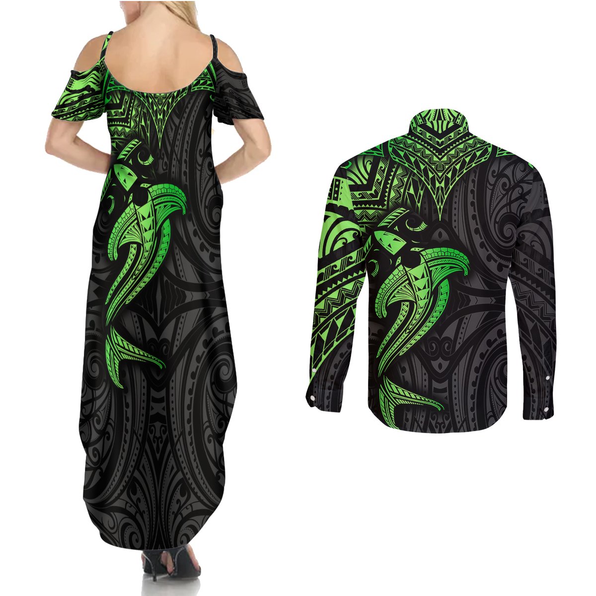 Polynesian Couples Matching Summer Maxi Dress and Long Sleeve Button Shirts Hammerhead Shark Tribal Pattern Black Green Version - Wonder Print Shop
