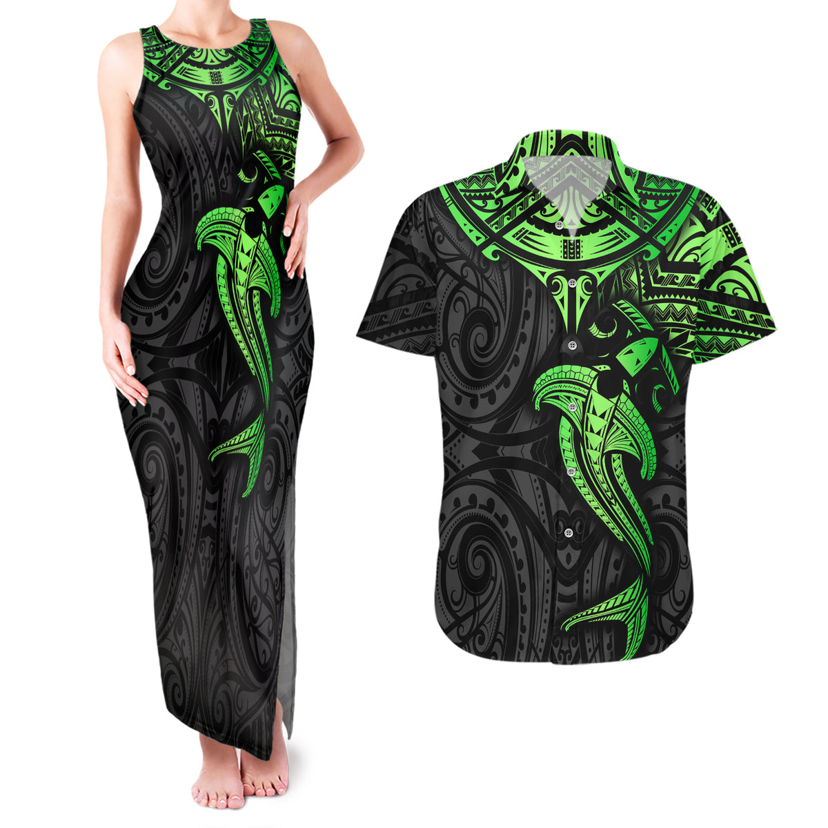 Polynesian Couples Matching Tank Maxi Dress and Hawaiian Shirt Hammerhead Shark Tribal Pattern Black Green Version - Wonder Print Shop