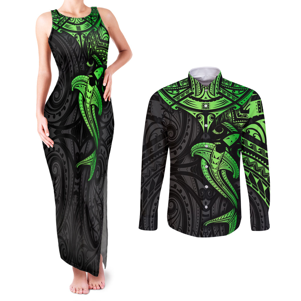 Polynesian Couples Matching Tank Maxi Dress and Long Sleeve Button Shirts Hammerhead Shark Tribal Pattern Black Green Version - Wonder Print Shop