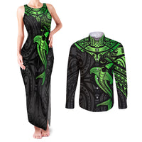Polynesian Couples Matching Tank Maxi Dress and Long Sleeve Button Shirts Hammerhead Shark Tribal Pattern Black Green Version - Wonder Print Shop