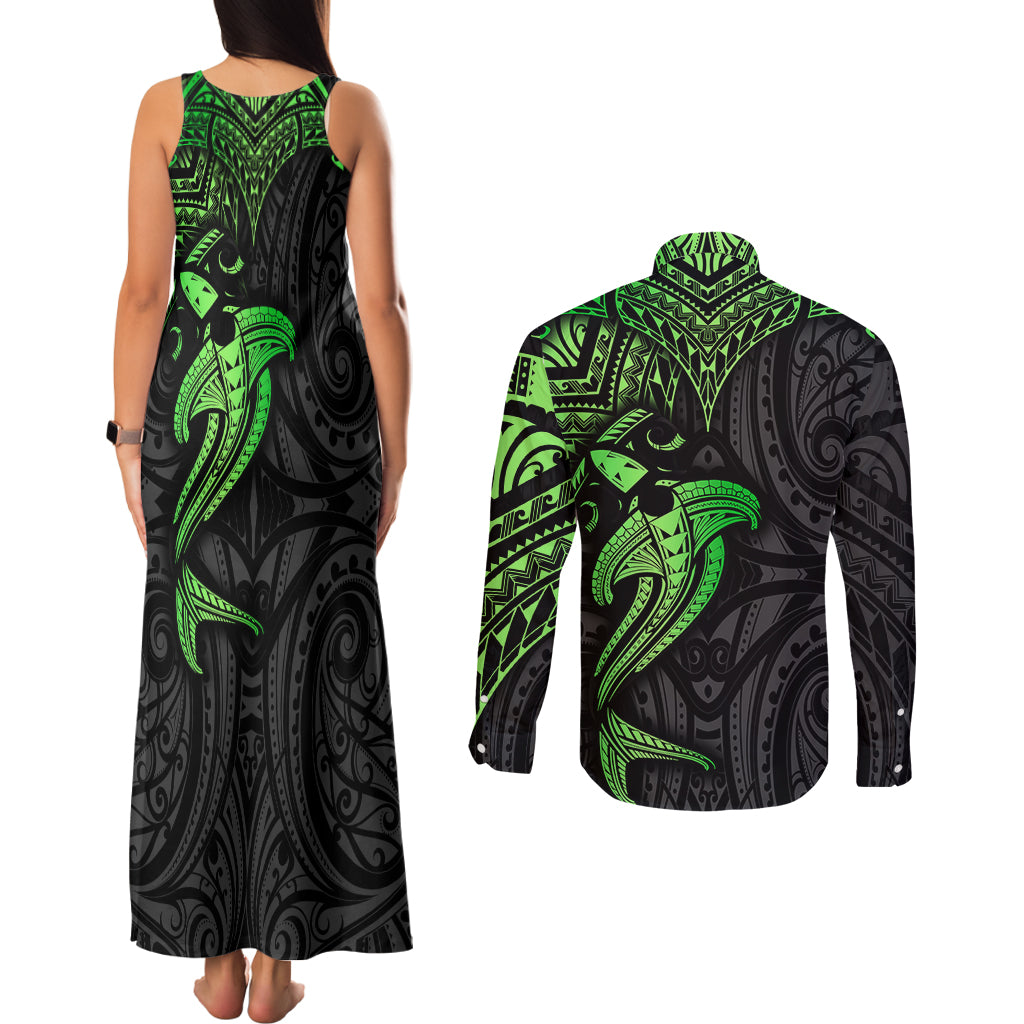 Polynesian Couples Matching Tank Maxi Dress and Long Sleeve Button Shirts Hammerhead Shark Tribal Pattern Black Green Version - Wonder Print Shop