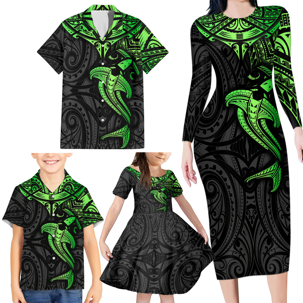 Polynesian Family Matching Long Sleeve Bodycon Dress and Hawaiian Shirt Hammerhead Shark Tribal Pattern Black Green Version - Wonder Print Shop