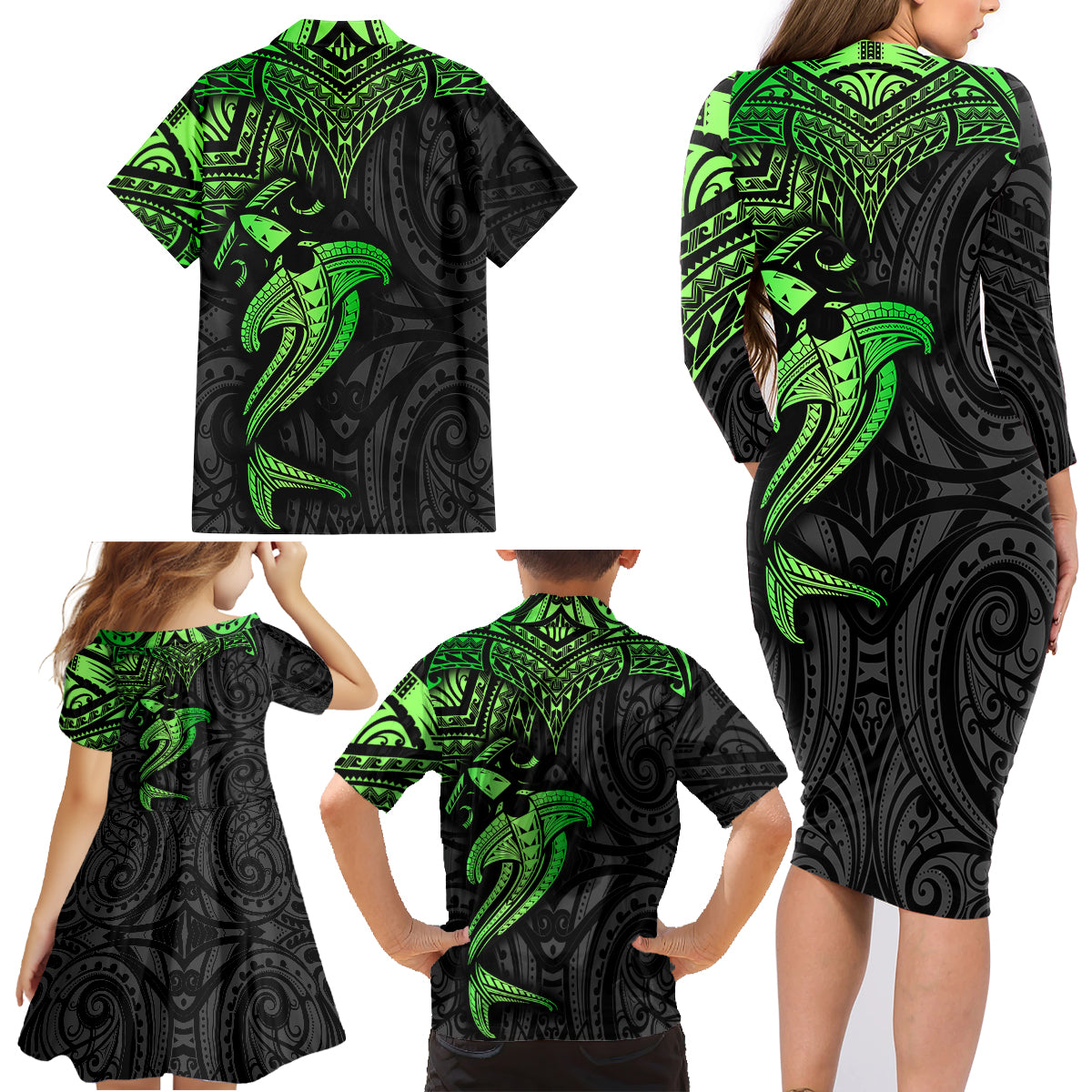 Polynesian Family Matching Long Sleeve Bodycon Dress and Hawaiian Shirt Hammerhead Shark Tribal Pattern Black Green Version - Wonder Print Shop
