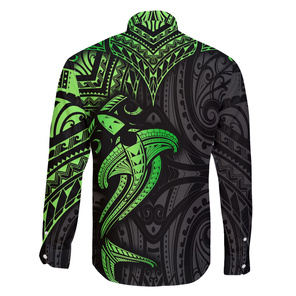 Polynesian Family Matching Long Sleeve Bodycon Dress and Hawaiian Shirt Hammerhead Shark Tribal Pattern Black Green Version - Wonder Print Shop
