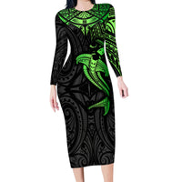 Polynesian Family Matching Long Sleeve Bodycon Dress and Hawaiian Shirt Hammerhead Shark Tribal Pattern Black Green Version - Wonder Print Shop