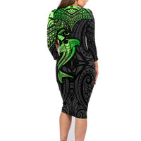 Polynesian Family Matching Long Sleeve Bodycon Dress and Hawaiian Shirt Hammerhead Shark Tribal Pattern Black Green Version - Wonder Print Shop
