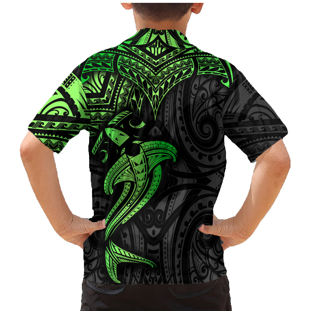 Polynesian Family Matching Mermaid Dress and Hawaiian Shirt Hammerhead Shark Tribal Pattern Black Green Version - Wonder Print Shop