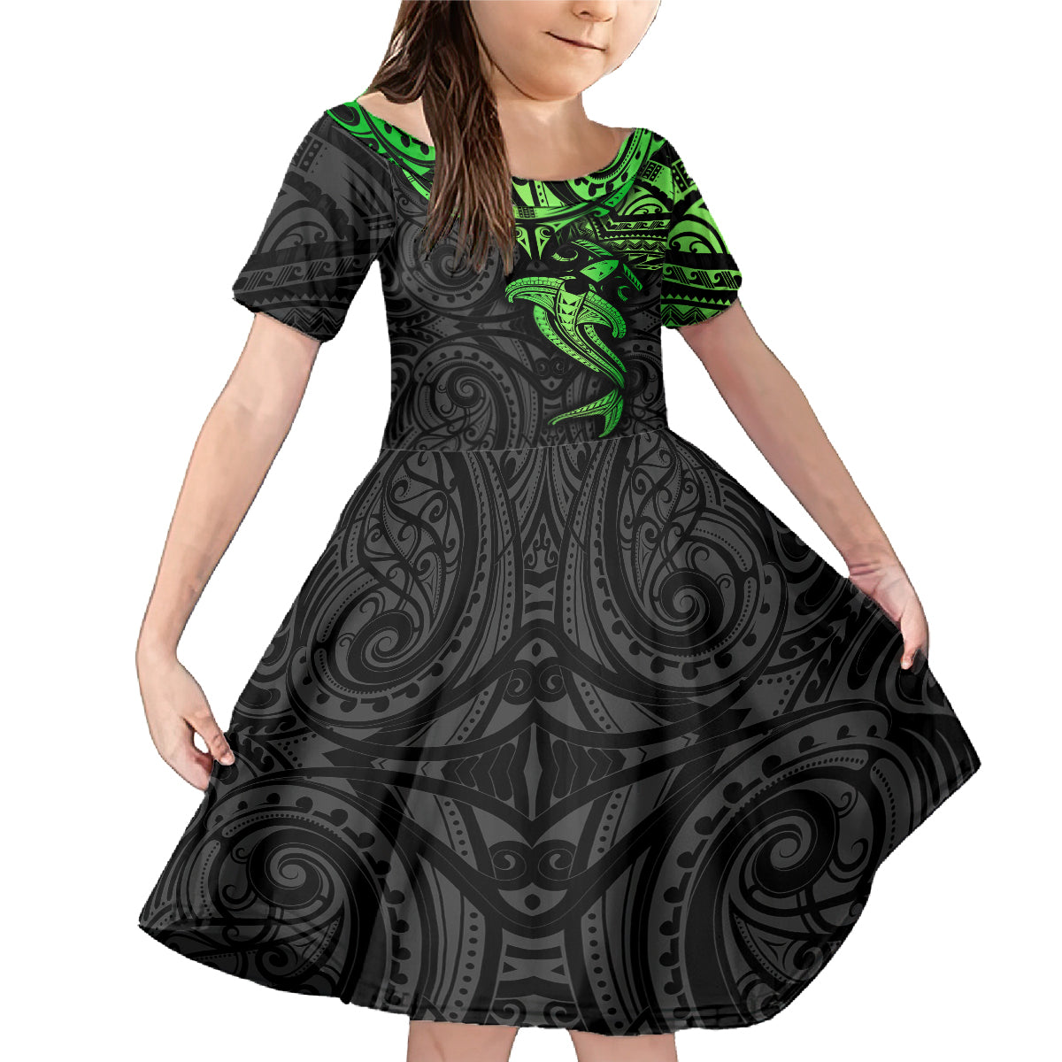 Polynesian Family Matching Mermaid Dress and Hawaiian Shirt Hammerhead Shark Tribal Pattern Black Green Version - Wonder Print Shop
