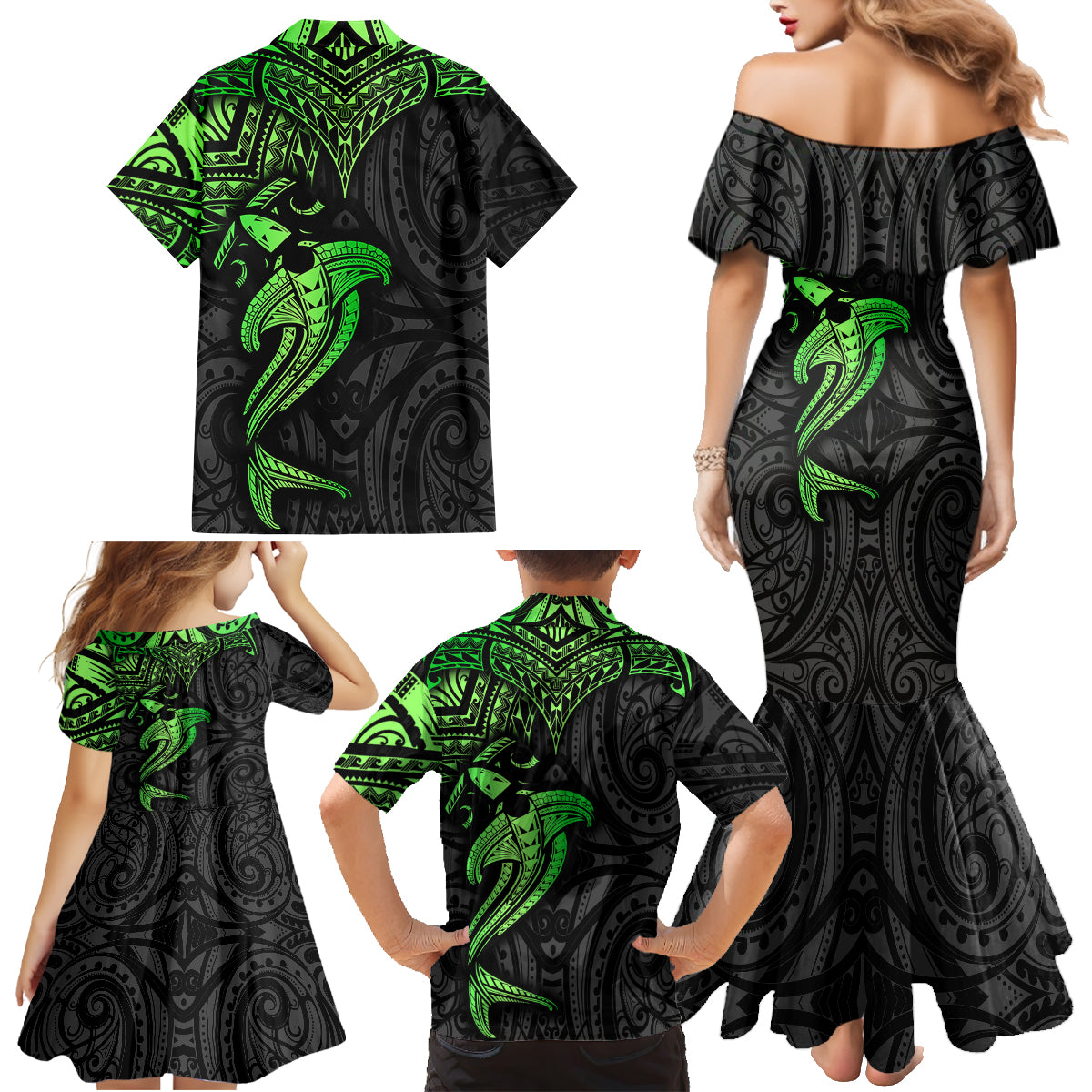 Polynesian Family Matching Mermaid Dress and Hawaiian Shirt Hammerhead Shark Tribal Pattern Black Green Version - Wonder Print Shop