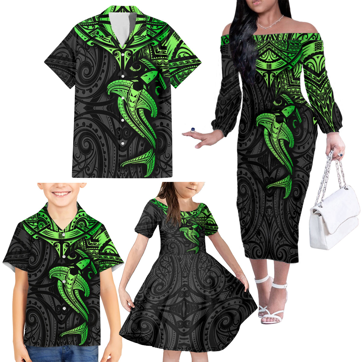Polynesian Family Matching Off Shoulder Long Sleeve Dress and Hawaiian Shirt Hammerhead Shark Tribal Pattern Black Green Version - Wonder Print Shop