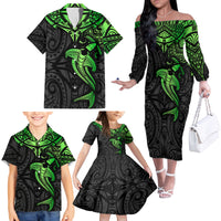 Polynesian Family Matching Off Shoulder Long Sleeve Dress and Hawaiian Shirt Hammerhead Shark Tribal Pattern Black Green Version - Wonder Print Shop