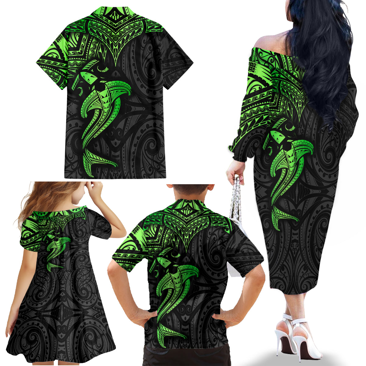 Polynesian Family Matching Off Shoulder Long Sleeve Dress and Hawaiian Shirt Hammerhead Shark Tribal Pattern Black Green Version - Wonder Print Shop