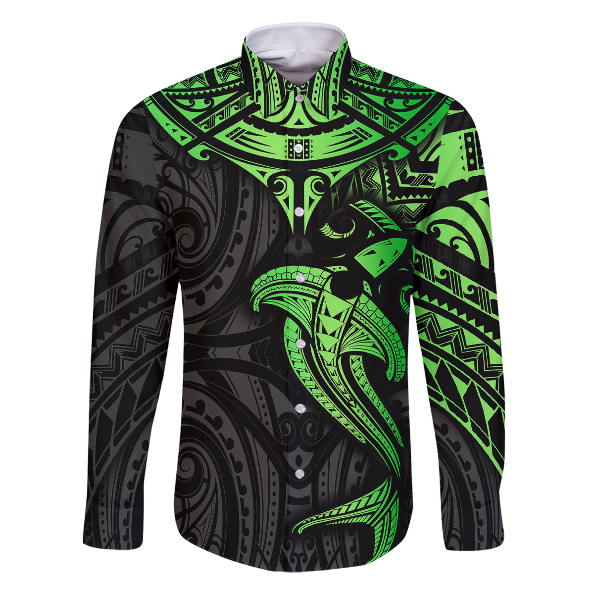 Polynesian Family Matching Off Shoulder Long Sleeve Dress and Hawaiian Shirt Hammerhead Shark Tribal Pattern Black Green Version - Wonder Print Shop