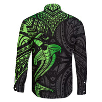 Polynesian Family Matching Off Shoulder Long Sleeve Dress and Hawaiian Shirt Hammerhead Shark Tribal Pattern Black Green Version - Wonder Print Shop