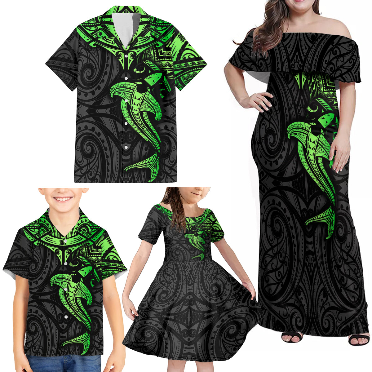 Polynesian Family Matching Off Shoulder Maxi Dress and Hawaiian Shirt Hammerhead Shark Tribal Pattern Black Green Version - Wonder Print Shop