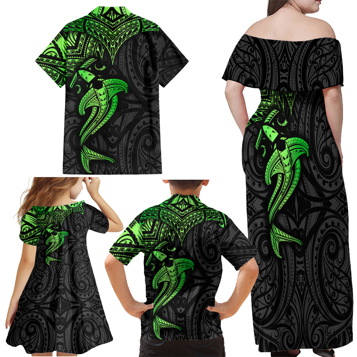 Polynesian Family Matching Off Shoulder Maxi Dress and Hawaiian Shirt Hammerhead Shark Tribal Pattern Black Green Version - Wonder Print Shop