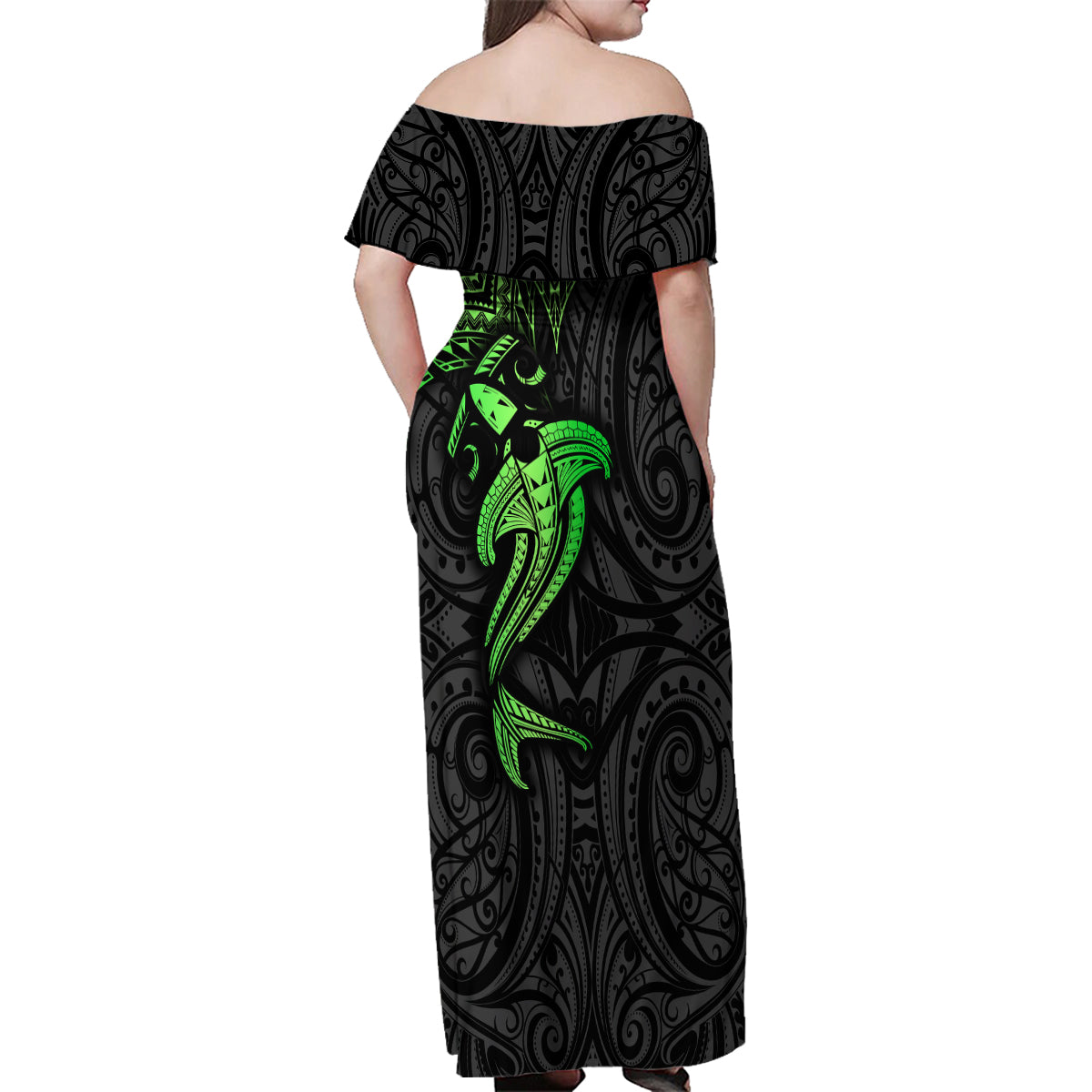 Polynesian Family Matching Off Shoulder Maxi Dress and Hawaiian Shirt Hammerhead Shark Tribal Pattern Black Green Version - Wonder Print Shop