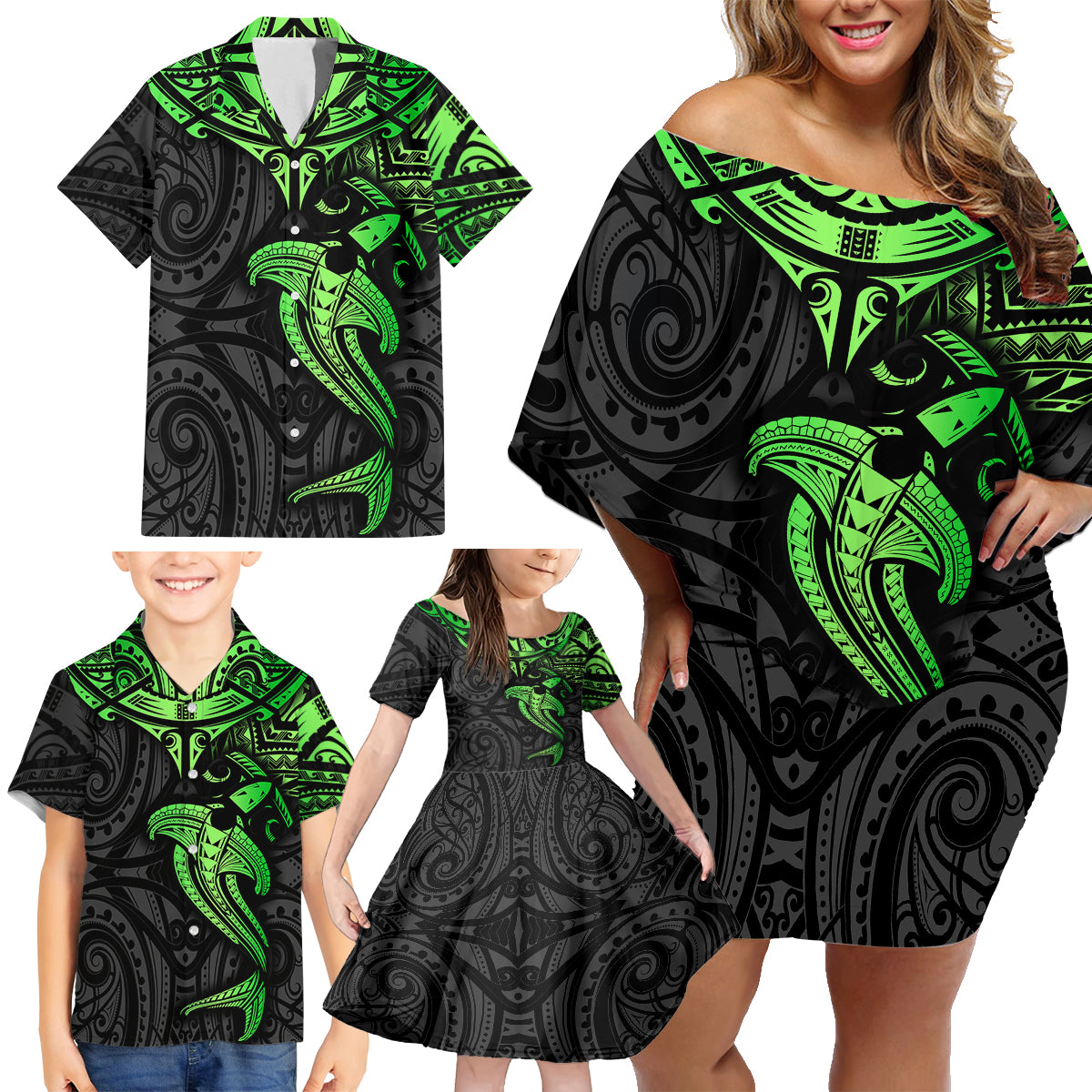 Polynesian Family Matching Off Shoulder Short Dress and Hawaiian Shirt Hammerhead Shark Tribal Pattern Black Green Version - Wonder Print Shop