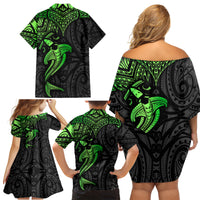 Polynesian Family Matching Off Shoulder Short Dress and Hawaiian Shirt Hammerhead Shark Tribal Pattern Black Green Version - Wonder Print Shop
