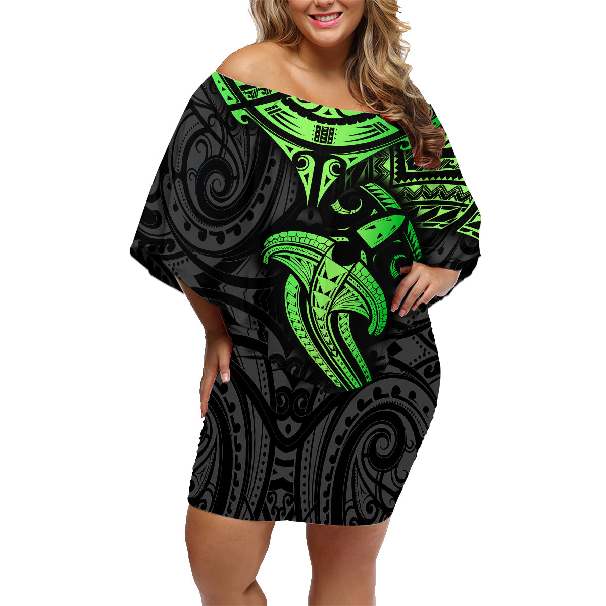 Polynesian Family Matching Off Shoulder Short Dress and Hawaiian Shirt Hammerhead Shark Tribal Pattern Black Green Version - Wonder Print Shop