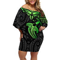 Polynesian Family Matching Off Shoulder Short Dress and Hawaiian Shirt Hammerhead Shark Tribal Pattern Black Green Version - Wonder Print Shop
